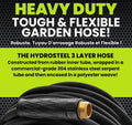 HydroSteel Pro 8586 Water Hose with Brass Nozzle, 3/8 in, 50 ft L, Rubber/Vinyl, Black